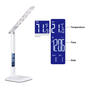 LED table lamp with alarm clock, LED desk lamp with clock display, Folding Dimmable LED Desk/Office/Table Lamp,3-Mode, 5-Level Dimmer, Touch-Sensitive Control Panel - Piano White