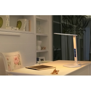 LED table lamp with alarm clock, LED desk lamp with clock display, Folding Dimmable LED Desk/Office/Table Lamp,3-Mode, 5-Level Dimmer, Touch-Sensitive Control Panel - Piano White